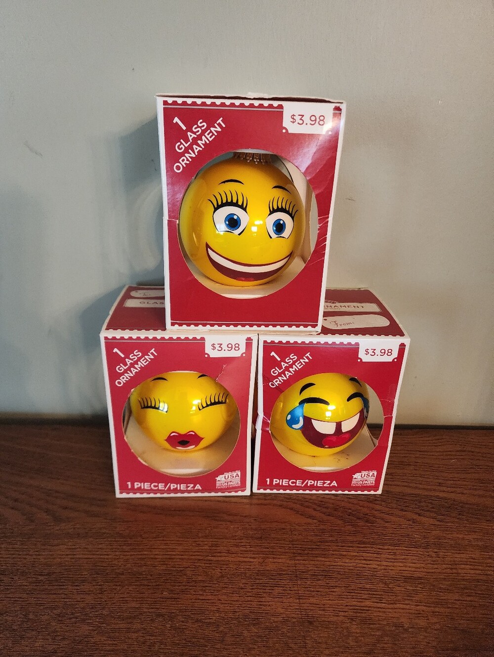 3 Pc Emoji Glass Ornament Set